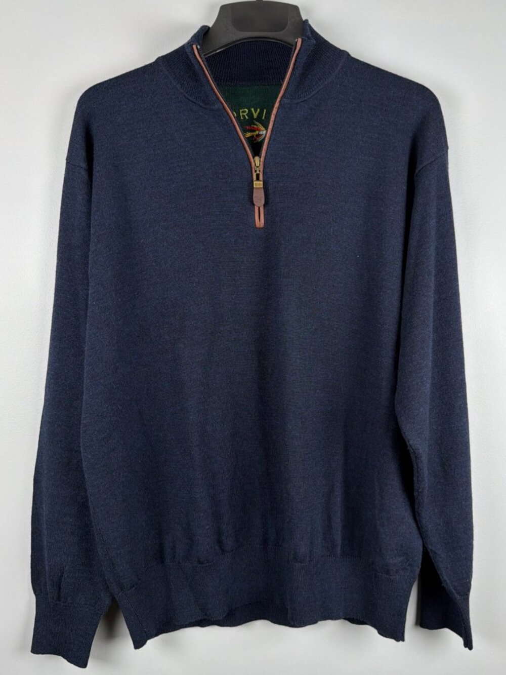 Orvis Sweater Men L Blue 100% Merino Wool Quarter Zip Pullover Midlayer Golf